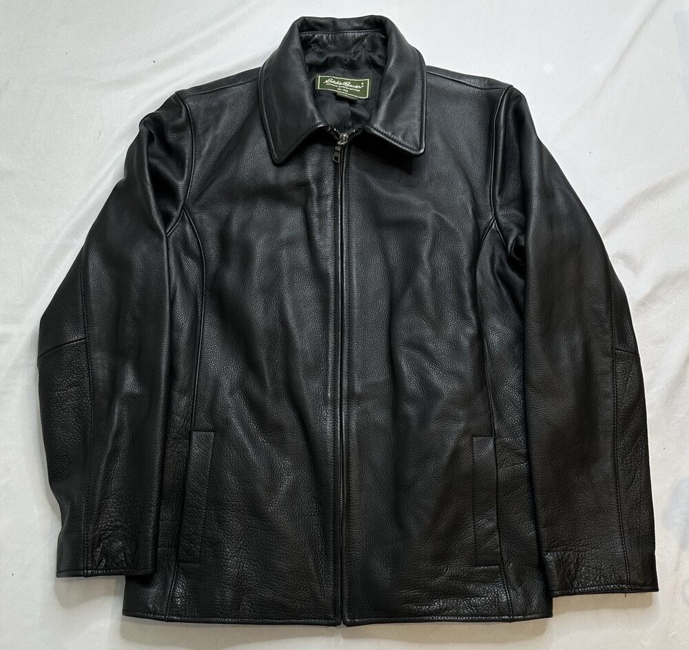 Eddie Bauer Black Leather Pebble Grain Leather Bomber Jacket Womens L Tall LT